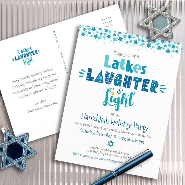 Hanukkah Latke Laghter Light Fun Modernes Party Einladungspostkarte (Von Creator hochgeladen)