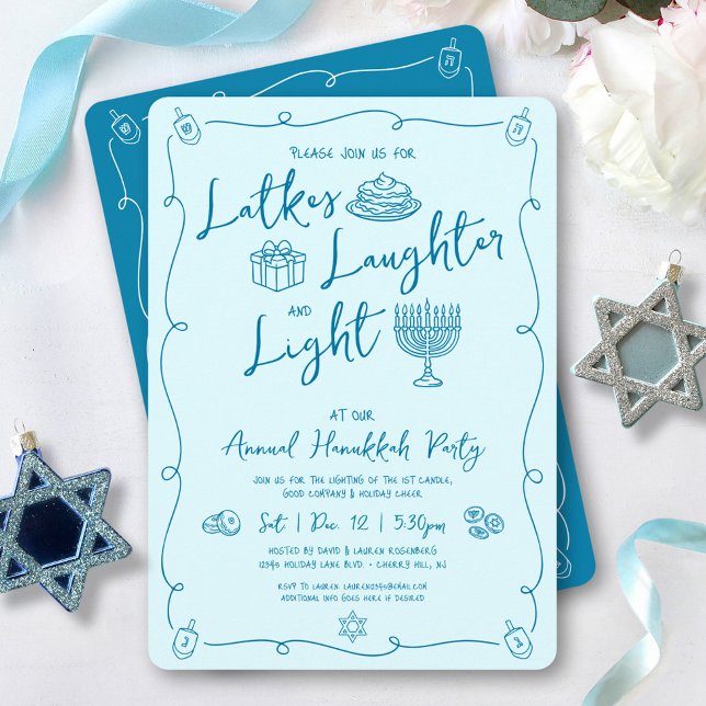 Hanukkah Latke Laughter Light Teal Doodles Party Einladung (Von Creator hochgeladen)
