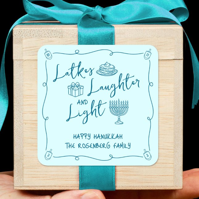 Hanukkah Latkes Laughter Light Teal Hand Drawn Fun Quadratischer Aufkleber (Von Creator hochgeladen)