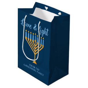 Hanukkah Liebe & Light Blue Gold Menorah Custom Mittlere Geschenktüte