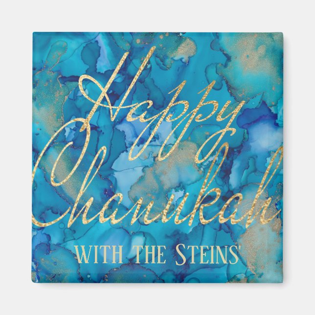 Hanukkah Magnet Square Happy Chanukah Gold/Blues (Vorne)