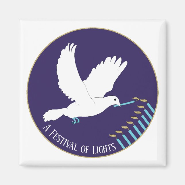Hanukkah Magnet Square White Dove Candles Lit (Vorne)