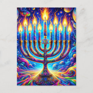 Hanukkah menorah aglow in psychedelischen Farben Postkarte