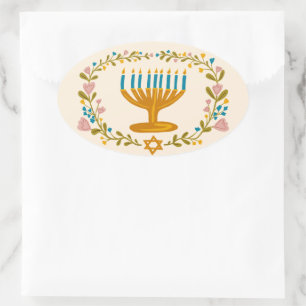 HANUKKAH Menorah Blumenkranz Jüdischer Feiertag Ovaler Aufkleber