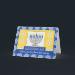 Hanukkah Menorah für einen Sohn und seine Familie Feiertagskarte<br><div class="desc">Eine silberne Menorah mit blauen Kerzen auf verziertem Hintergrund schmückt das Cover dieser Happy Hanukkah-Karte für einen Sohn und seine Familie. Die Karte hat einen Mosaikfliesen-Textur-Look. Art,  Bild und Vers Copyright © Shoaff Ballanger Studios,  2023.</div>