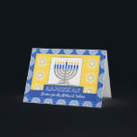 Hanukkah Menorah für Eltern Star von David Pattern Feiertagskarte<br><div class="desc">Eine silberne Menorah mit blauen Kerzen auf verziertem Hintergrund schmückt das Cover dieser Happy Hanukkah-Karte für Eltern. Ändern Sie den Text auf dem Cover für einen personalisierten Gruß. Die Karte hat einen Mosaikfliesen-Textur-Look. Art,  Bild und Vers Copyright © Shoaff Ballanger Studios,  2023.</div>