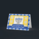 Hanukkah Menorah für Eltern Star von David Pattern Feiertagskarte<br><div class="desc">Eine silberne Menorah mit blauen Kerzen auf verziertem Hintergrund schmückt das Cover dieser Happy Hanukkah-Karte für Eltern. Ändern Sie den Text auf dem Cover für einen personalisierten Gruß. Die Karte hat einen Mosaikfliesen-Textur-Look. Art,  Bild und Vers Copyright © Shoaff Ballanger Studios,  2023.</div>