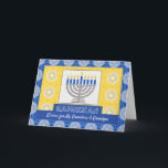 Hanukkah Menorah für Großeltern Star von David Feiertagskarte<br><div class="desc">Eine silberne Menorah mit blauen Kerzen auf verziertem Hintergrund schmückt das Cover dieser Happy Hanukkah-Karte für Großeltern. Die Karte hat einen Mosaikfliesen-Textur-Look. Art,  Bild und Vers Copyright © Shoaff Ballanger Studios,  2023.</div>