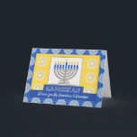 Hanukkah Menorah für Großeltern Star von David Feiertagskarte<br><div class="desc">Eine silberne Menorah mit blauen Kerzen auf verziertem Hintergrund schmückt das Cover dieser Happy Hanukkah-Karte für Großeltern. Die Karte hat einen Mosaikfliesen-Textur-Look. Art,  Bild und Vers Copyright © Shoaff Ballanger Studios,  2023.</div>