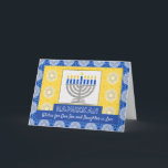 Hanukkah Menorah für Sohn und Tochter im Jura Feiertagskarte<br><div class="desc">Eine silberne Menorah mit blauen Kerzen auf einem verzierten Hintergrund schmückt das Cover dieser Happy Hanukkah-Karte für Sohn und Tochter im Gesetz. Die Karte hat einen Mosaikfliesen-Textur-Look. Art,  Bild und Vers Copyright © Shoaff Ballanger Studios,  2023.</div>