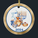 Hanukkah Menorah Gold Blue Keramik Ornament<br><div class="desc">Dieses Design kann durch Auswahl der Option Design bearbeiten personalisiert werden. Sie können auch auf andere Gegenstände übertragen. Kontaktieren Sie mich unter colorflowcreations@gmail.com oder nutzen Sie die Chat-Option oben auf der Seite, wenn Sie dieses Design auf einem anderen Produkt haben möchten oder Hilfe bei diesem Design benötigen. Sehen Sie mehr...</div>