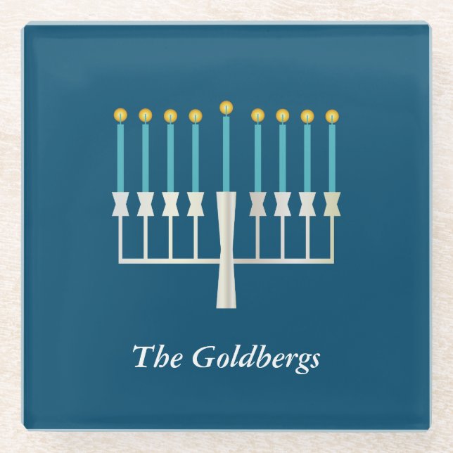 Hanukkah Menorah in Blue Custom Familienname Glasuntersetzer (Vorderseite)