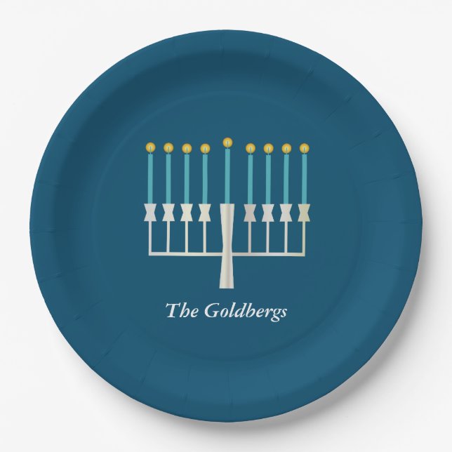 Hanukkah Menorah in Blue Custom Familienname Pappteller (Vorderseite)