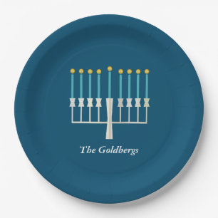 Hanukkah Menorah in Blue Custom Family Name Pappteller