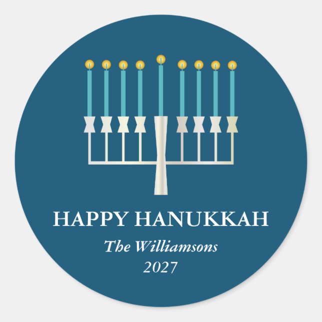 Hanukkah Menorah in Blue Personalisiert Runder Aufkleber (Vorderseite)