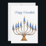 Hanukkah Menorah mit blauen, weißen brennenden Ker<br><div class="desc">Wasserfarbene Menorah mit blauen und weißen brennenden Kerzen. Happy Hanukkah Gruß und Stimmung auf der Rückseite kann geändert werden. AI unterstützte Grafik,  die mit kommerziellem Einsatz erworben wurde. Kunstwerk: CosmicMeta</div>