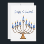 Hanukkah Menorah mit blauen, weißen brennenden Ker<br><div class="desc">Wasserfarbene Menorah mit blauen und weißen brennenden Kerzen. Happy Hanukkah Gruß und Stimmung auf der Rückseite kann geändert werden. AI unterstützte Grafik,  die mit kommerziellem Einsatz erworben wurde. Kunstwerk: CosmicMeta</div>