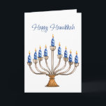 Hanukkah Menorah mit blauen, weißen brennenden Ker Karte<br><div class="desc">Wasserfarbene Menorah mit blauen und weißen brennenden Kerzen. Happy Hanukkah Gruß und Stimmung im Inneren kann geändert werden. AI unterstützte Grafik,  die mit kommerziellem Einsatz erworben wurde. Kunstwerk: CosmicMeta</div>