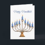 Hanukkah Menorah mit blauen, weißen brennenden Ker Karte<br><div class="desc">Wasserfarbene Menorah mit blauen und weißen brennenden Kerzen. Happy Hanukkah Gruß und Stimmung im Inneren kann geändert werden. AI unterstützte Grafik,  die mit kommerziellem Einsatz erworben wurde. Kunstwerk: CosmicMeta</div>