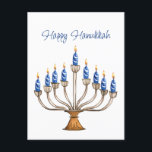 Hanukkah Menorah mit blauen, weißen brennenden Ker Postkarte<br><div class="desc">Wasserfarbene Menorah mit blauen und weißen brennenden Kerzen. Glückliche Hanukkah Gruß kann geändert werden. AI unterstützte Grafik,  die mit kommerziellem Einsatz erworben wurde. Kunstwerk: CosmicMeta</div>