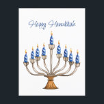 Hanukkah Menorah mit blauen, weißen brennenden Ker Postkarte<br><div class="desc">Wasserfarbene Menorah mit blauen und weißen brennenden Kerzen. Glückliche Hanukkah Gruß kann geändert werden. AI unterstützte Grafik, die mit kommerziellem Einsatz erworben wurde. Kunstwerk: CosmicMeta</div>