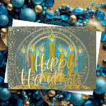 Hanukkah Menorah Zeichnend Gelb Blau Grau Folien Feiertagskarte<br><div class="desc">Hanukkah Menorah Zeichnend Gelb Blau Grau</div>