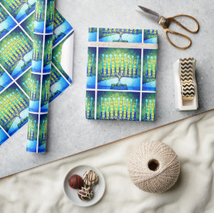 Hanukkah Moderne Trendige Blaue Grüne Menora-Muste Geschenkpapier