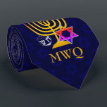 HANUKKAH Monogram Krawatte<br><div class="desc">Elegant,  stylish midnight blue HANUKKAH Neck Tie,  designed with faux gold menorah,  colorful Star of David and silver colored dreidel plus CUSTOMIZABLE MONOGRAM. There is a subtle tiled pattern of the Star of David in the background. Available in mid blue with optional monogram.</div>