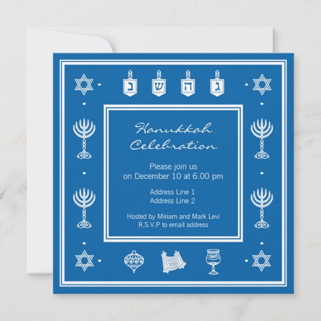 Hanukkah Motif Blue Square Einladung (Vorderseite)