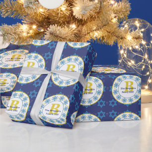 Hanukkah nahtlos blaues Muster Familienmonogramm Geschenkpapier