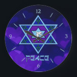 Hanukkah Peace Art Große Wanduhr<br><div class="desc">Blues of all shades,  lilac and lavender in a flower shape with a knotted six-sided star in the center is a great way to celebrate Hanukkah and express your individuality at the same time.</div>
