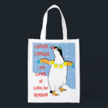 Hanukkah Penguin Lebensmitteltasche Wiederverwendbare Einkaufstasche<br><div class="desc">Hanukkah Pinguin, weiße, zweiseitige Tasche. Alle Designelemente können bearbeitet werden. Alle bearbeitbaren Texte können gelöscht und durch eine eigene Nachricht ersetzt werden. Verwenden Sie Ihre Lieblingsfarbe, Schriftart und Stil. Happy Hanukkah/Chanukah! Stil: Wiederverwendbare Beutel Grün gehen und retten den Planeten mit unserer wiederverwendbaren Lebensmitteltasche! Diese Tasche ist aus einem leichten Polyestergewebe...</div>