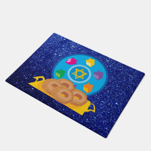 Hanukkah Plate mit Dreidels Blue Imitats Glitzer Fußmatte