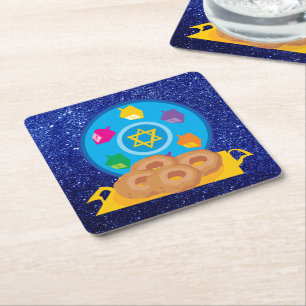 Hanukkah Plate mit Dreidels Blue Imitats Glitzer Rechteckiger Pappuntersetzer