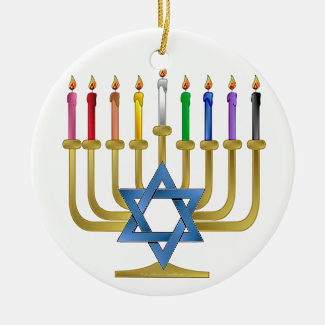 Hanukkah Rainbow Candles Gold Menorah Keramikornament (Vorne)