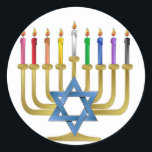 Hanukkah Rainbow Candles Gold Menorah Runder Aufkleber<br><div class="desc">You are viewing The Lee Hiller Designs Collection of Home and Office Decor,  Apparel,  Gifts and Collectibles. The Designs inklusive Lee Hiller Fotogray and Mixed Media Digital Art Collection. You can view her Nature fotogray at http://HikeOurPlanet.com/ and follow her hiking blog within Hot Springs National Park.</div>