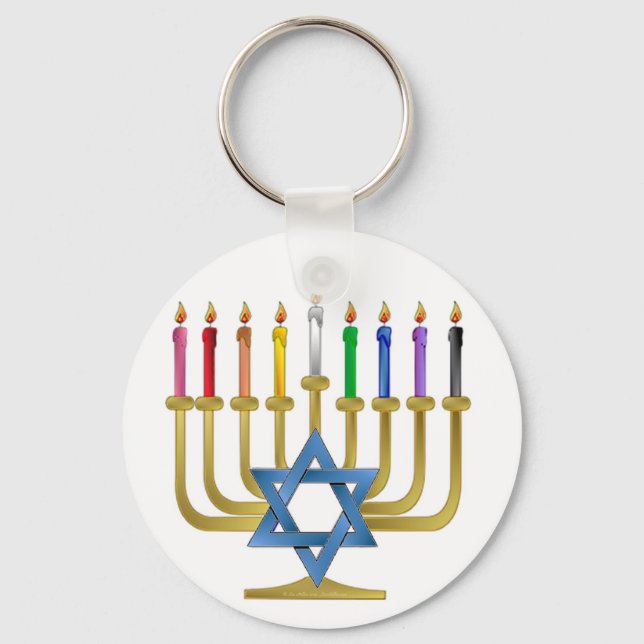 Hanukkah Rainbow Candles Gold Menorah Schlüsselanhänger (Vorderseite)