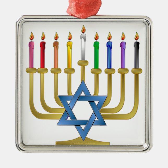 Hanukkah Rainbow Candles Gold Menorah Silbernes Ornament (Vorne)
