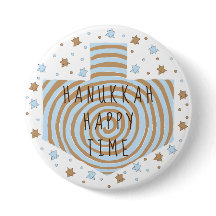Hanukkah Round Button, Blue/Tan Dreidel Stars