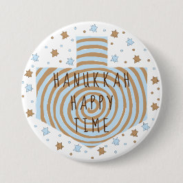 Hanukkah Round Button, Blue/Tan Dreidel Stars Button