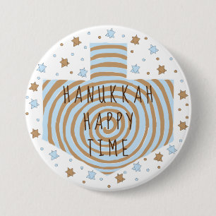 Hanukkah Round Button, Blue/Tan Dreidel Stars Button