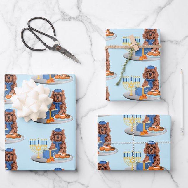 Hanukkah Ruby Cavalier King Charles Spaniel Geschenkpapier Set (Vorderseite)