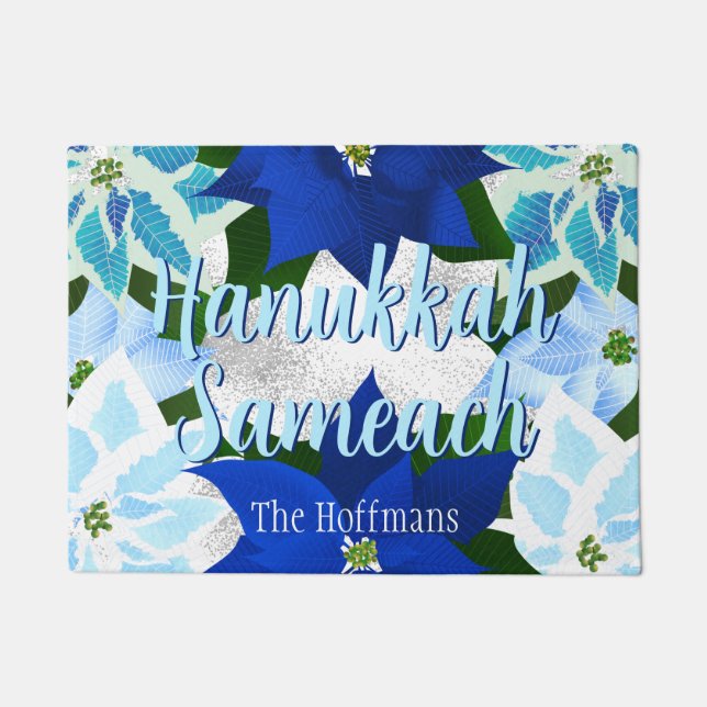 Hanukkah Sameach Blue Poinsettias Fußmatte (Vorderseite)