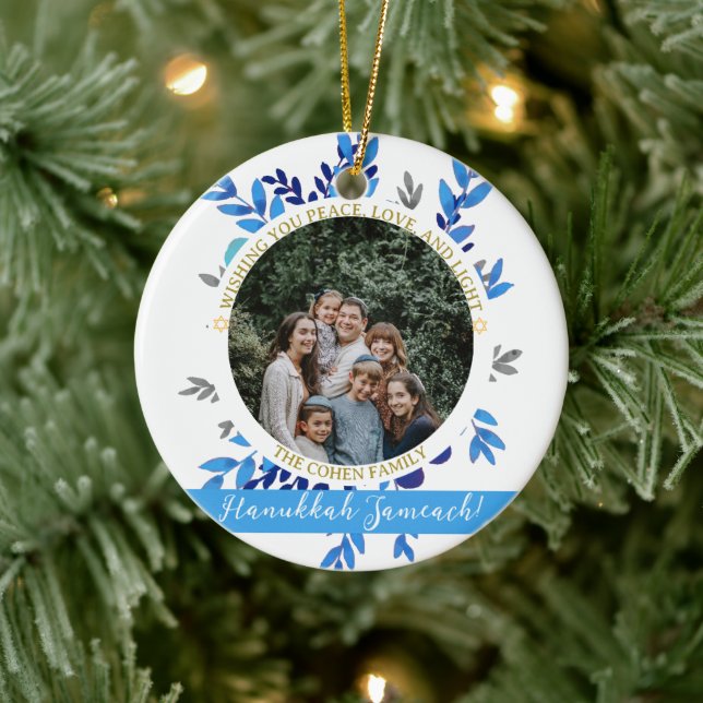 Hanukkah Sameach | Einfaches Hanukkah-Foto Keramik Ornament (Baum)