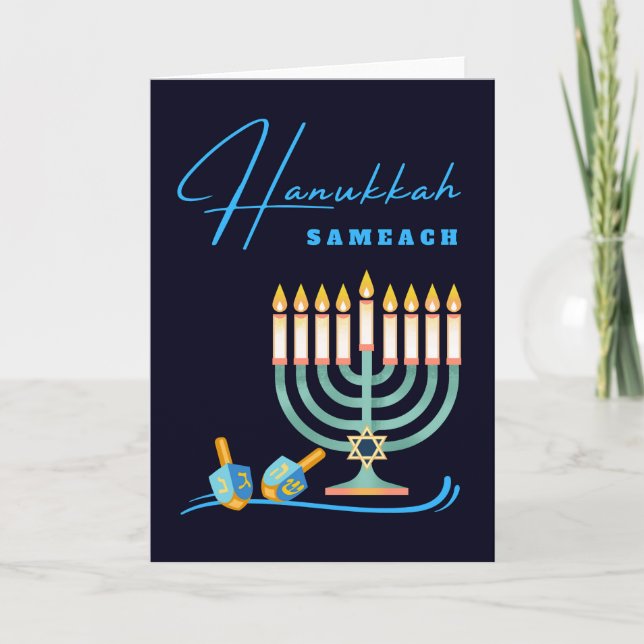Hanukkah Sameach Menorah und Dreidels Karte (Vorderseite)