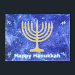 Hanukkah Snowstorm Menorah Acryl Wandkunst<br><div class="desc">Eine leuchtende goldene Hanukkah menorah und Text lesen "Happy Hanukkah" in leuchtend blau und weiß überlagert auf einem blauen und weißen Fraktal Bild erinnert an Schneeflocken in einem Sturm. Chag Sameach!</div>