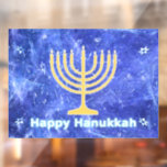 Hanukkah Snowstorm Menorah Fensteraufkleber<br><div class="desc">Eine leuchtende goldene Hanukkah menorah und Text lesen "Happy Hanukkah" in leuchtend blau und weiß überlagert auf einem blauen und weißen Fraktal Bild erinnert an Schneeflocken in einem Sturm. Chag Sameach!</div>