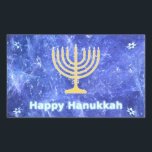 Hanukkah Snowstorm Menorah Rechteckiger Aufkleber<br><div class="desc">Eine leuchtende goldene Hanukkah menorah und "Happy Hanukkah" in leuchtendem blau-weiß-Text überlagert auf einem blau-weiß-Fraktal Bild erinnert an Schneeflocken in einem Sturm. Chag Sameach!</div>