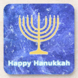 Hanukkah Snowstorm Menorah Untersetzer<br><div class="desc">Eine leuchtende goldene Hanukkah menorah und Text lesen "Happy Hanukkah" in leuchtend blau und weiß überlagert auf einem blauen und weißen Fraktal Bild erinnert an Schneeflocken in einem Sturm. Chag Sameach!</div>