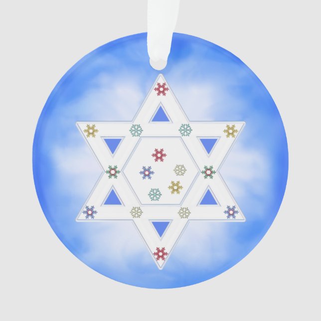 Hanukkah Star und Schneeflocken Blau Ornament (Vorderseite)